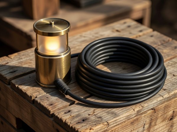 Close-up of a warm portable brass-finish LED lantern resting beside a neatly coiled rubber cable on a wooden crate